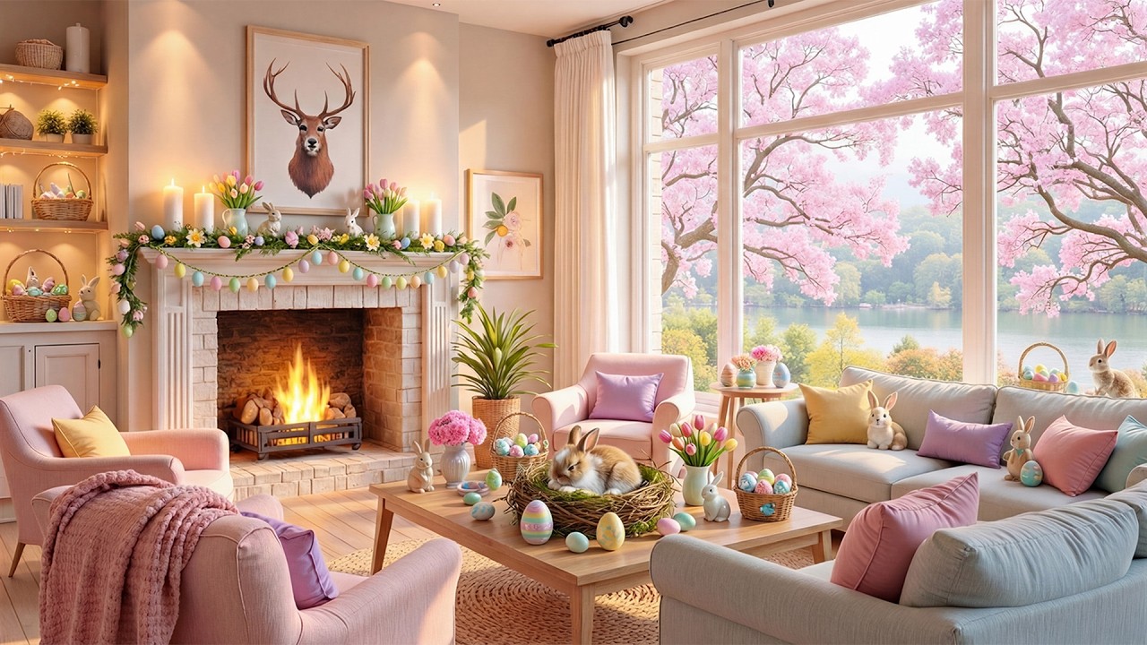 🐰 Cozy Easter Ambience with Relaxing Piano Music 🌿 Fireplace with Cute Bunnies & Spring Atmosphere