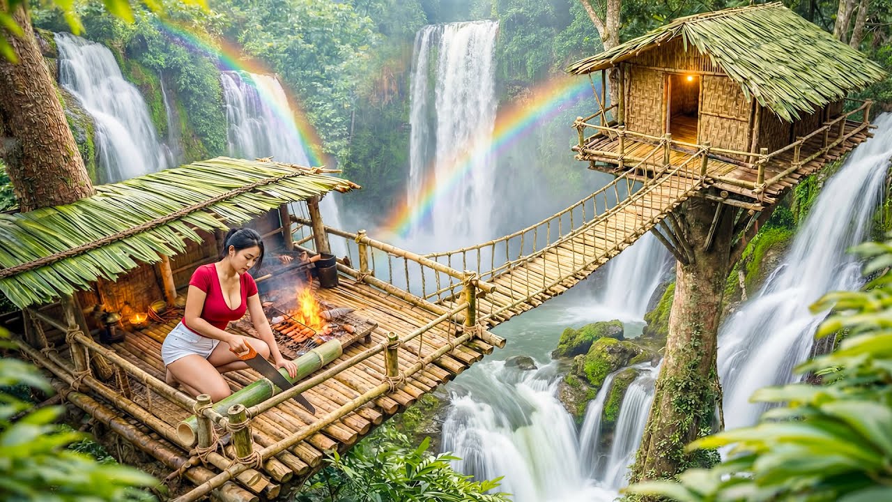 TIMELAPSE - Building a Wooden & Bamboo House on a Dangerous Waterfall | Dangerous Off-Grid Life