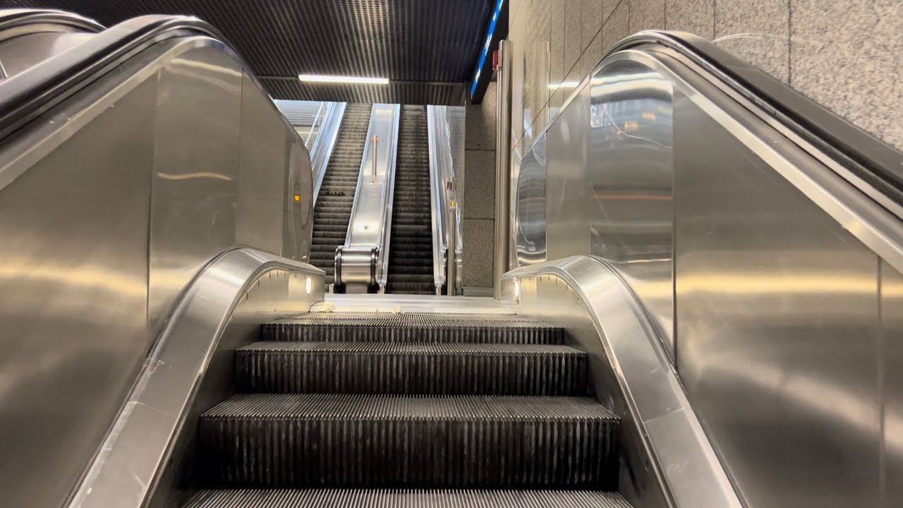 Düsseldorf, Germany. 4x O&K escalator ride at Moskauer Straße Stadtbahn Station Exit 1
