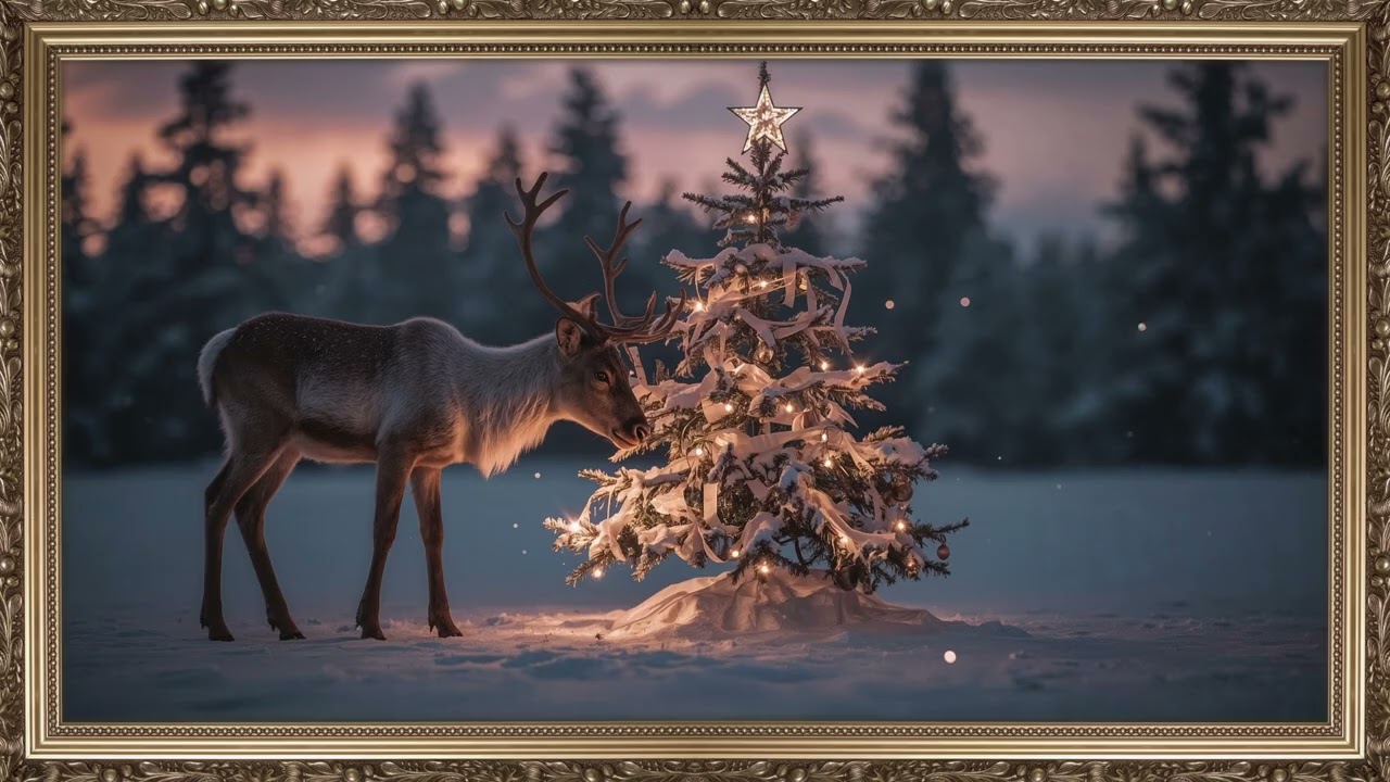 8-Hour Enchanted Reindeer Ambience — Magical Snowy Christmas Tree at Dusk | 4K UHD TV Art