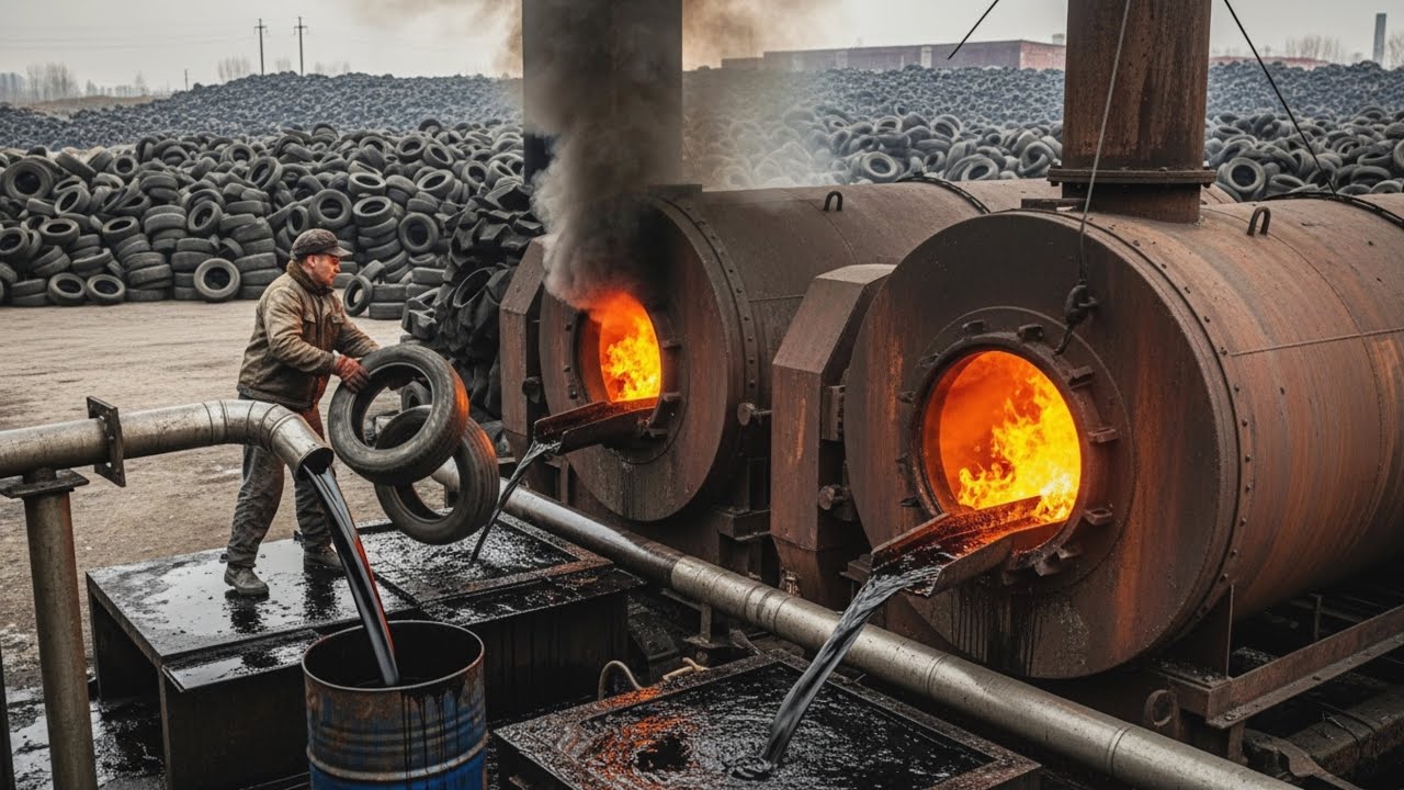 Recycling Process of Old Scrap Tires to Make Oil | Waste Recycling and Extraction Oil From Tires