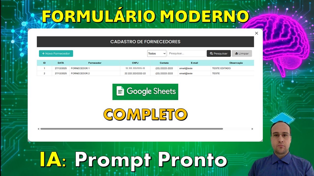 Crie Formulários HTML Modernos no Google Planilhas com IA | Cadastro de Fornecedores Dinâmico