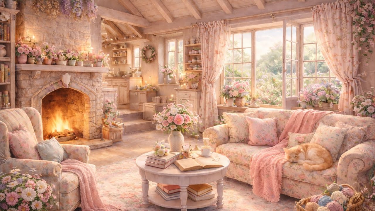Cottagecore Living Room Ambience 🌷 Cozy Fireplace & Nature (4 Hours)