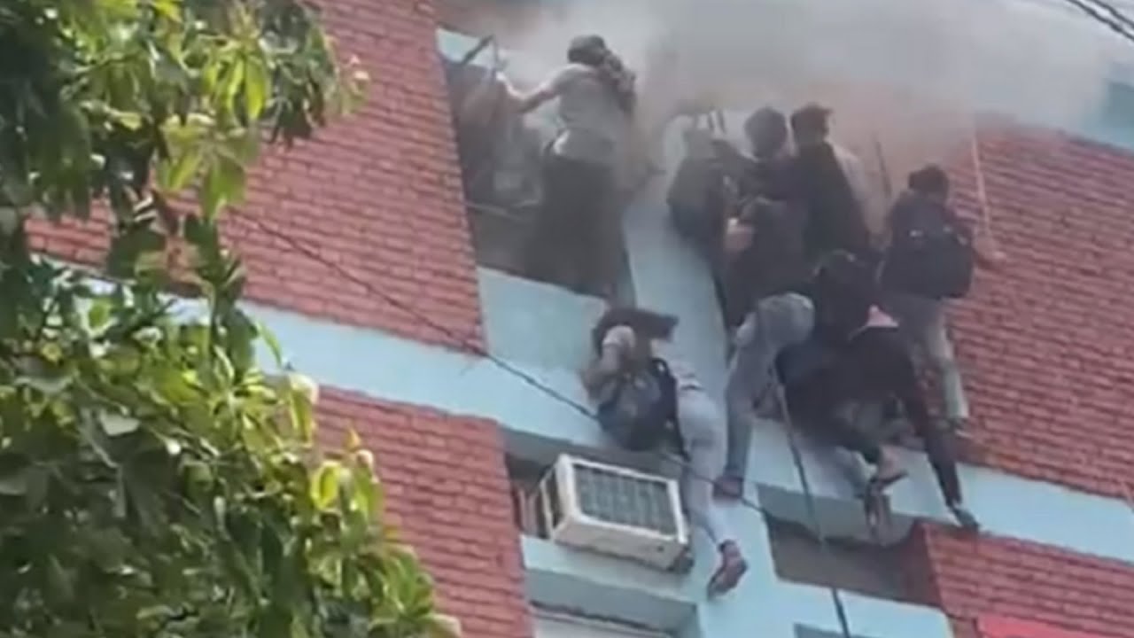 Caught on cam: Students climb down from window as huge fire breaks out at coaching centre in Delhi
