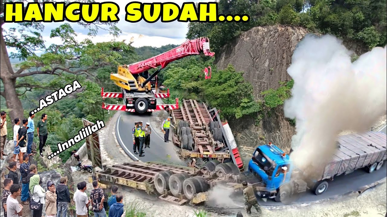 NGERI❗Gandengan Sampai Lepas,Truck Trailer Terguling Di Tarik Crane,Truk Trailer Nyaris Masuk Jurang