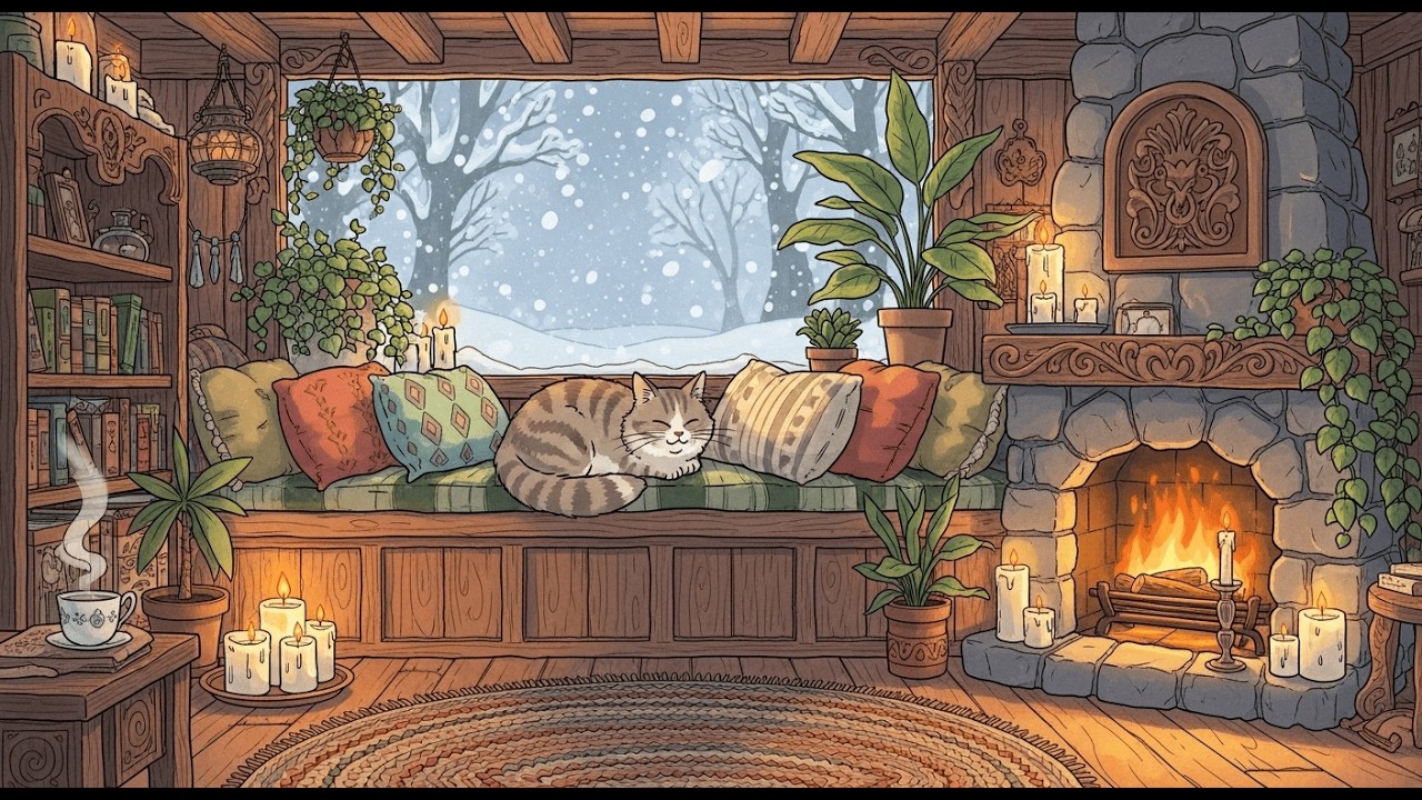 Warm Rainy Night Cabin Fireplace 4K ☔🏡 Relaxing Lofi Music for Quiet Study, Rest & Sleep