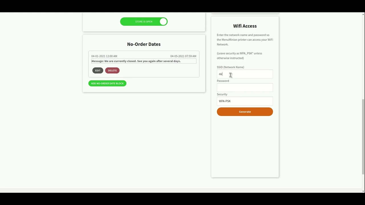 Menu Minion Restaurant Dashboard   Setting Up Wifi Access