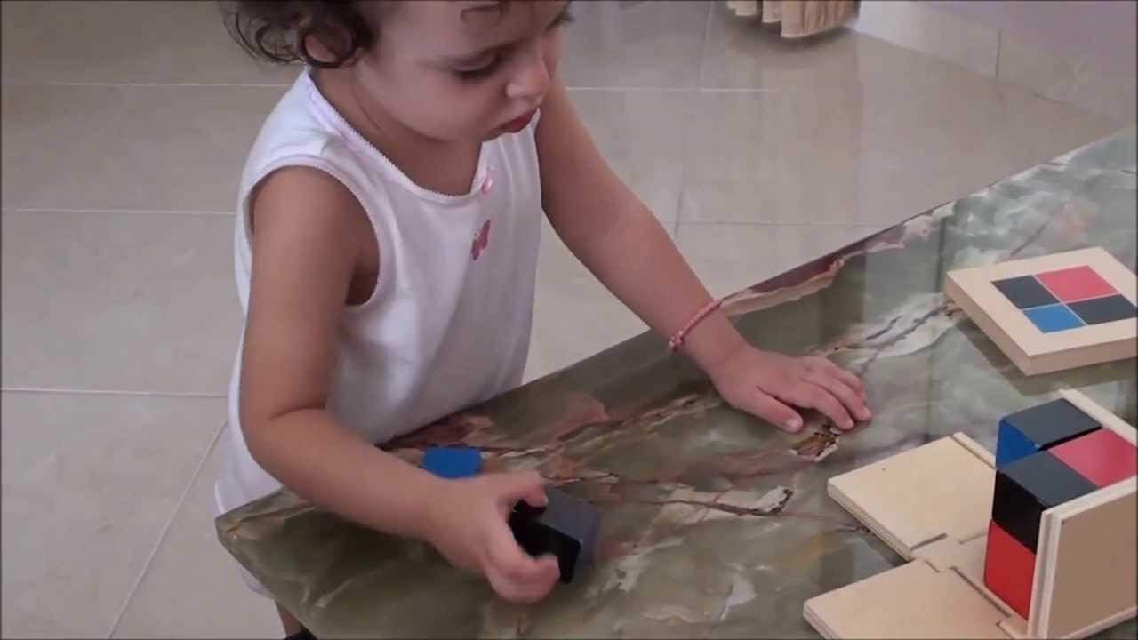 27 month-old building the Binomial Cube, Montessori toddler activity