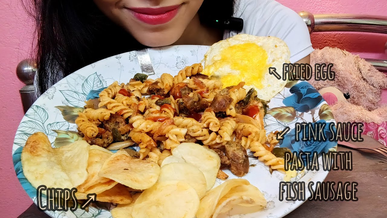 ASMR Eating PINK SAUCE PASTA 💗 + Fish Sausage 🌭 + Fried Egg 🍳 & Chips 🤯 CRUNCH ALERT!
