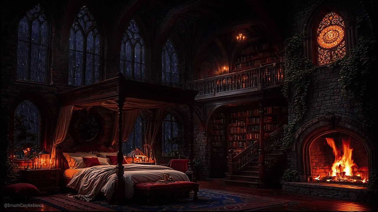Midnight Castle Retreat Thunder & Rain, Fireplace Sounds