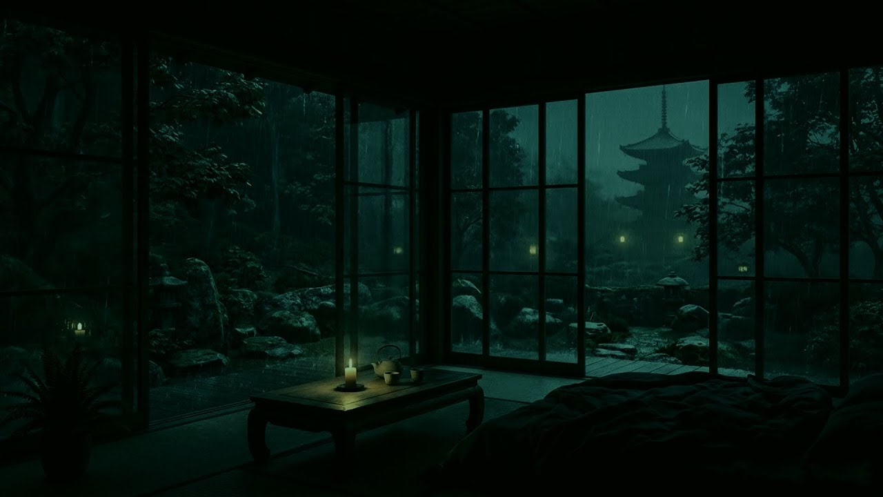 Полночный дождь в Киото | Темный экран для сна, учебы и отдыха | 4 часа