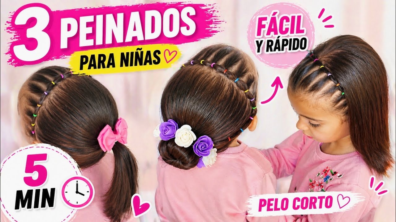3 PEINADOS CON LIGAS Y CHONGO PARA NIÑAS 🌈 CABELLO CORTO
