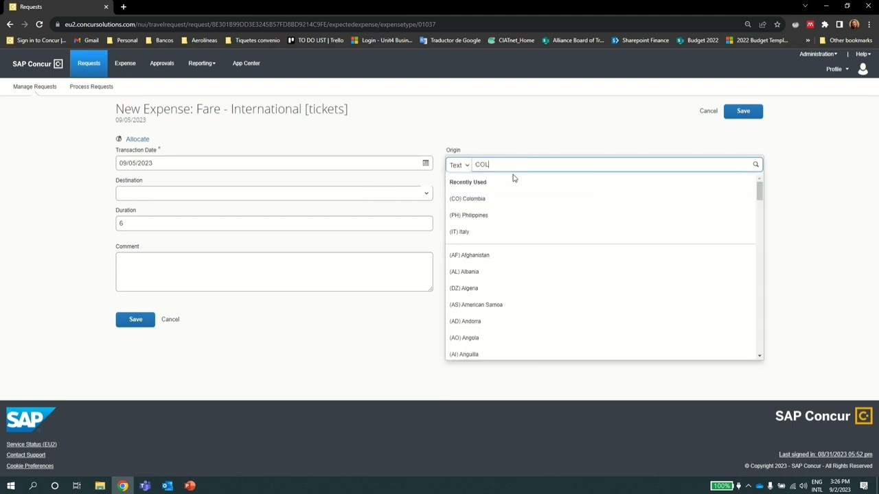 How to create a travel request in SAP Concur