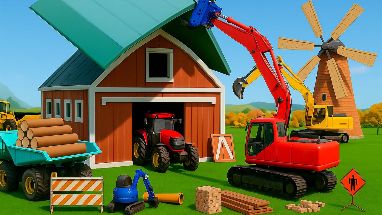 Excavator and Tractor Build a Giant Barn Together! 🏗️🚜 | CONSTRUCTION VEHICLES
