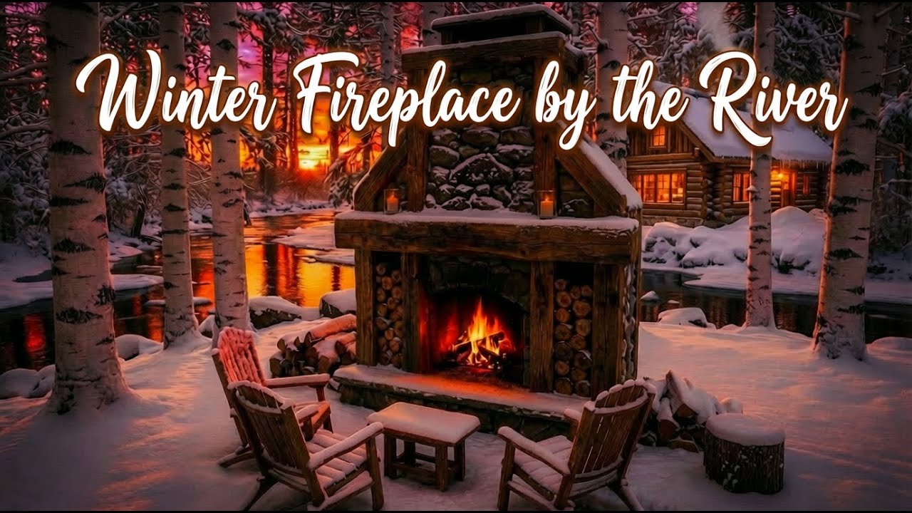 Cozy Riverside Cabin ❄️ Fireplace Sounds at Sunset | Relax & Unwind