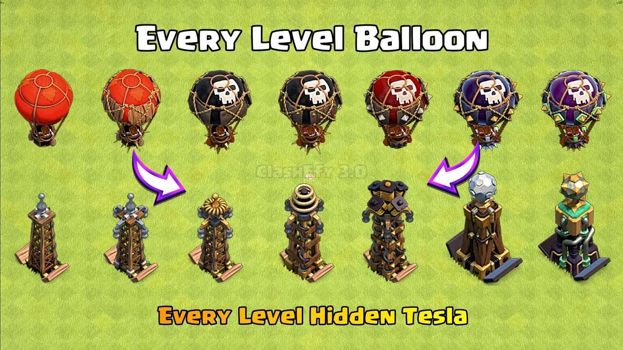 Every Level Hidden Tesla vs Every Level Balloon | Clash of Clans