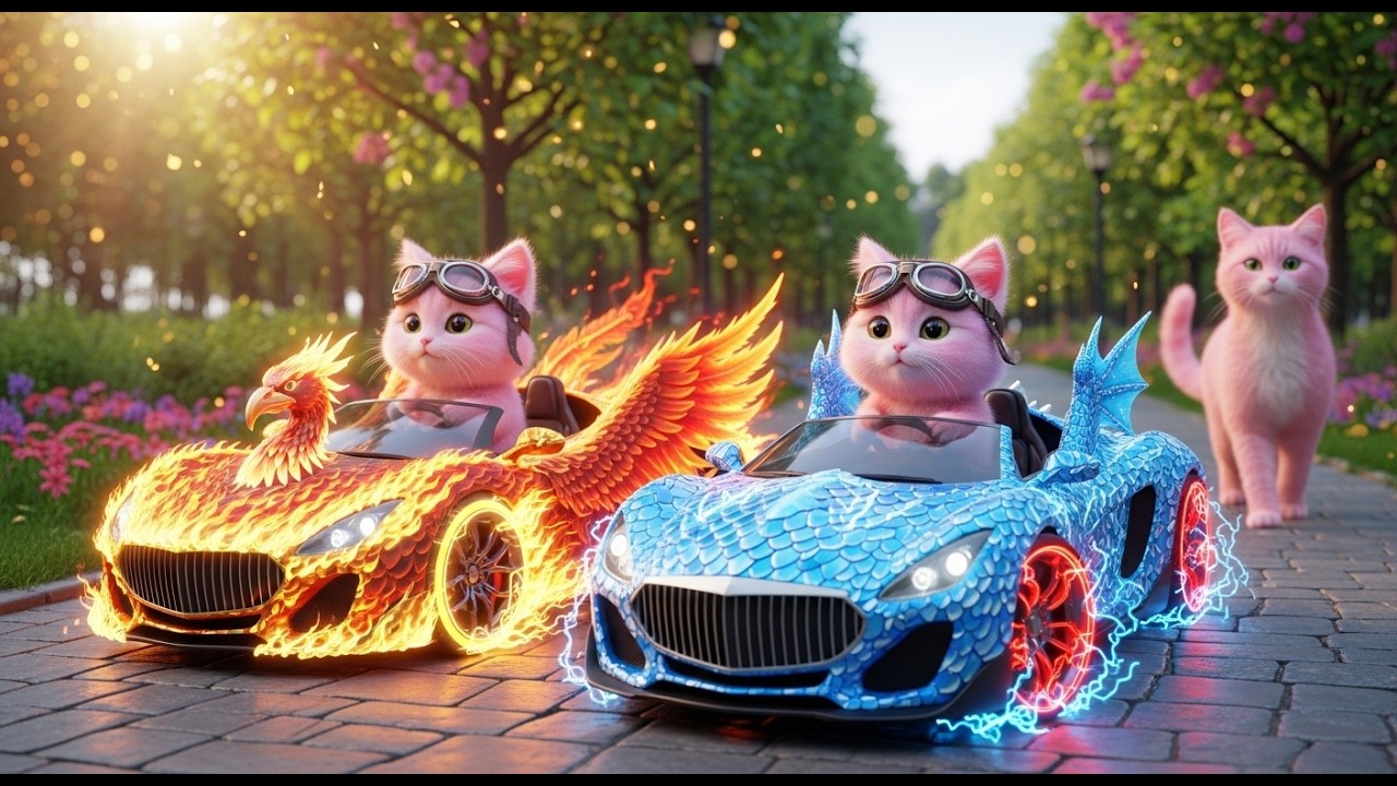 Cute Pink Cat Racing in Sky Kingdom 🚗✨ Epic Fantasy Animation with Meow Sounds & Music