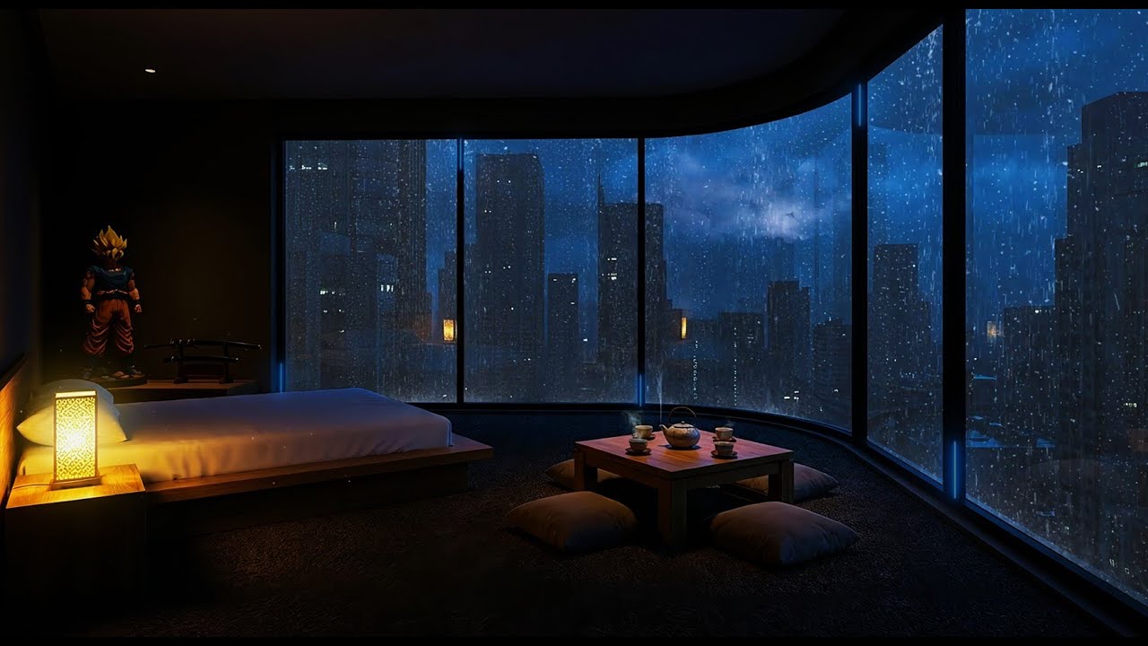 Rain & Thunder in Tatami Bedroom with Urban Buildings in Rain for Total Relaxation