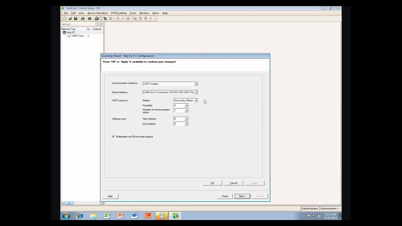 Connecting to a device using the FXA195 HART&trade; communication modem and FieldCare software