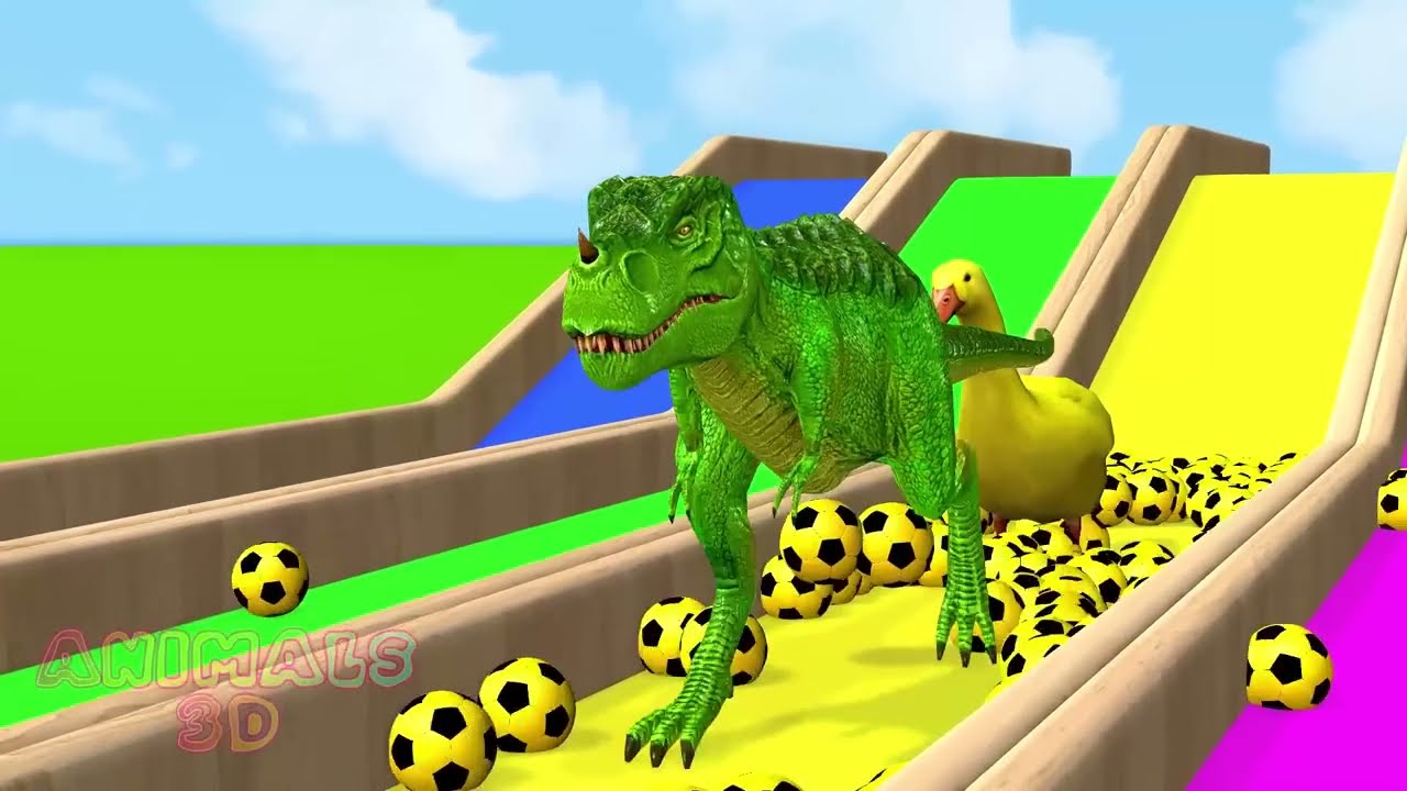5 Giant Ducks Cartoon, Elephant, Gorilla, Lion, Buffalo, Dinosaur With Balls Game - Animals 3D
