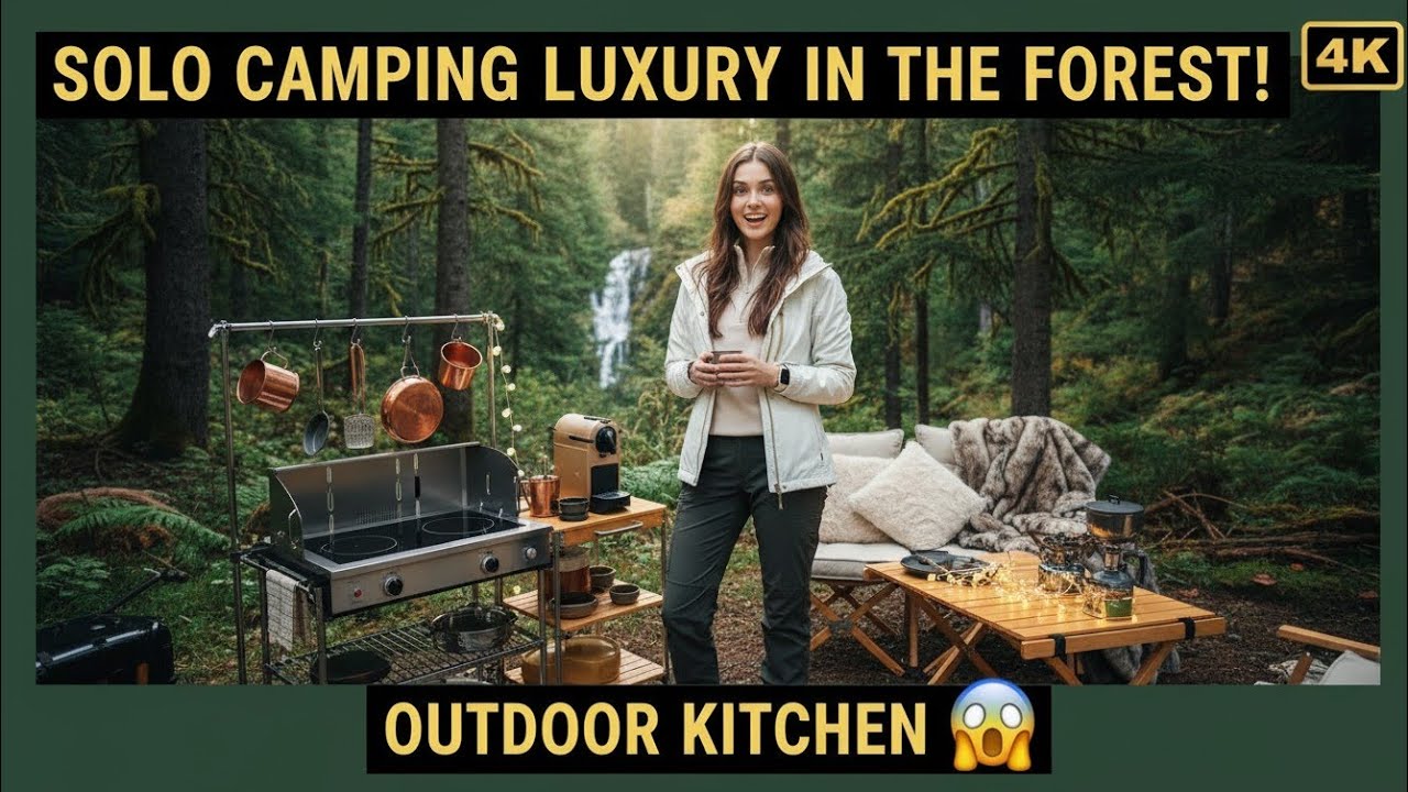 FEMALE SOLO CAMPING in a Hidden Forest LUXURY Setup with Outdoor Kitchen Accompanied Beautiful 😱😱😱! 