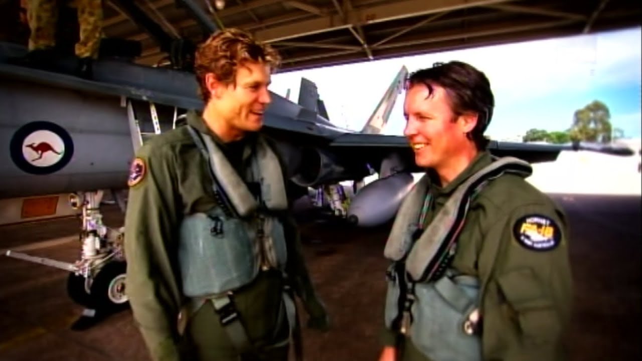 Dr Chris Brown and Sam Michael experience the power of the RAAF Hornet