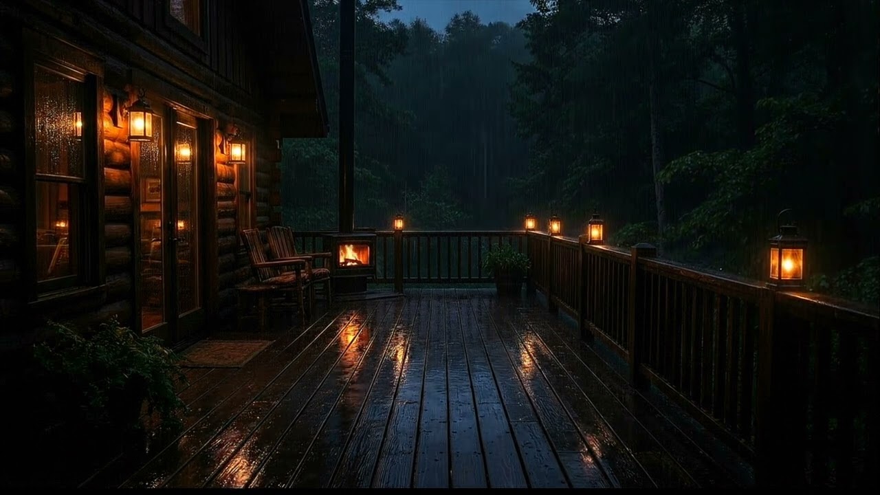 Heavy Rain on Cozy Cabin Deck at Night | Deep Sleep Sounds & Thunder Ambience