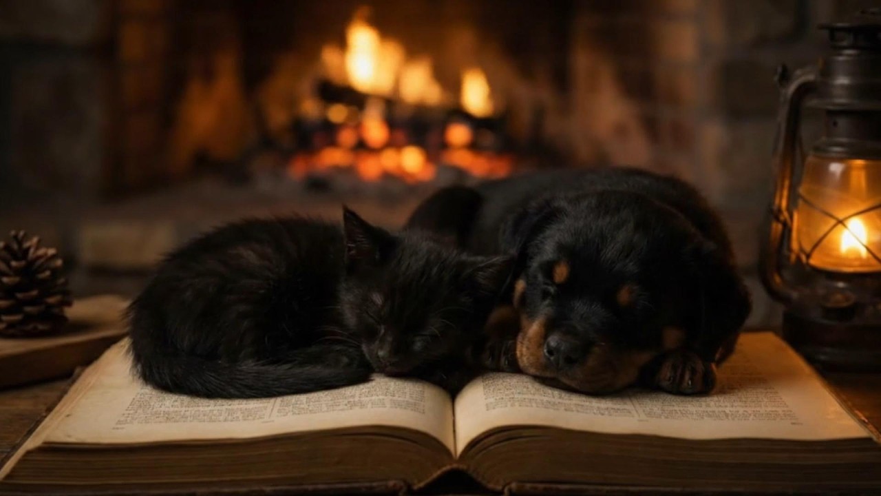 So Peaceful… Sleeping Black Kitten & Puppy with Soft Fireplace Sounds.