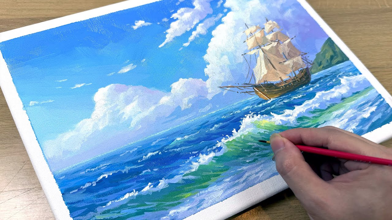 Easy Acrylic Painting Technique / Sea boat and waves / Step By Step