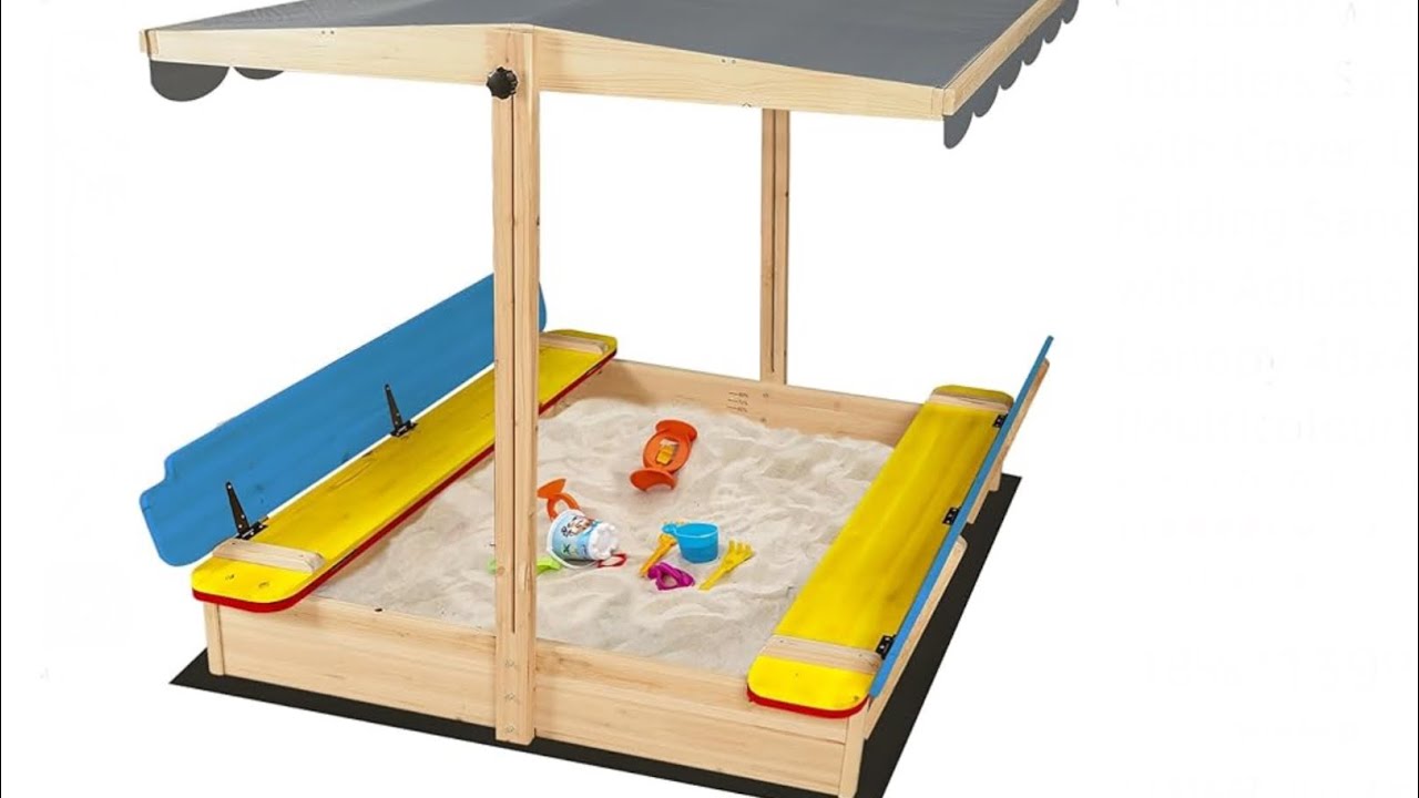 RUNSHED Kids Wooden Sandbox with Lid, Toddlers Sand Pit with Cover, Large Folding Sand Box