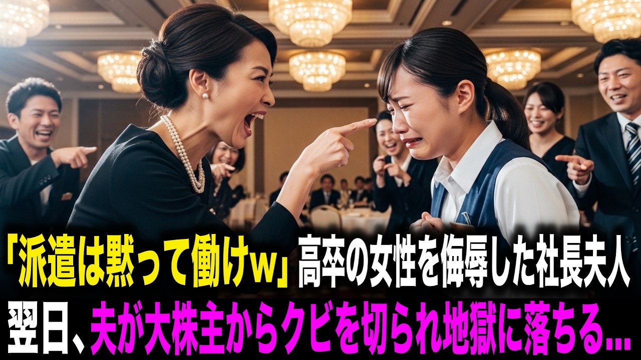 【スカッとする話】「派遣は黙って働けw」高卒の女性を侮辱した社長夫人。翌日、夫が大株主からクビを切られ地獄に落ちる…
