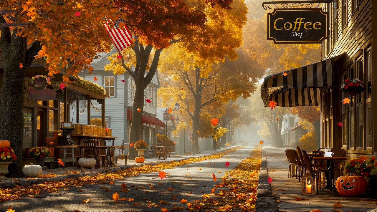 Peaceful Autumn Town Ambience 🍁 Gentle Jazz with Falling Leaves for Relaxation and Inner Peace