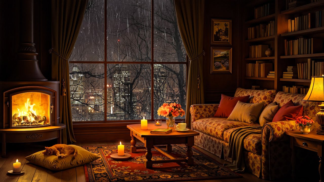 Cozy Rainy Living Room Ambience on a City Night 🎶 Relaxing Jazz Music & Crackling Fireplace Sounds