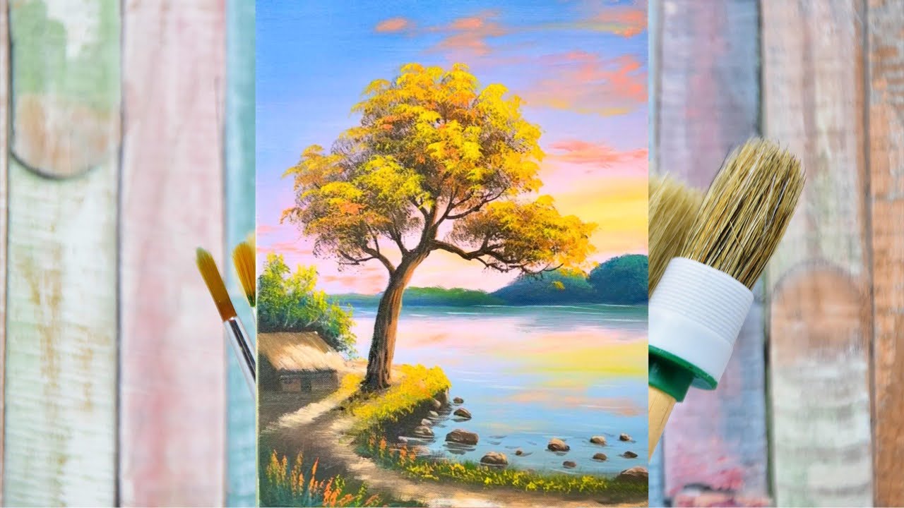 Full Acrylic Painting Tutorial: Golden Tree & Cozy House by the River | Step by Step for Beginners