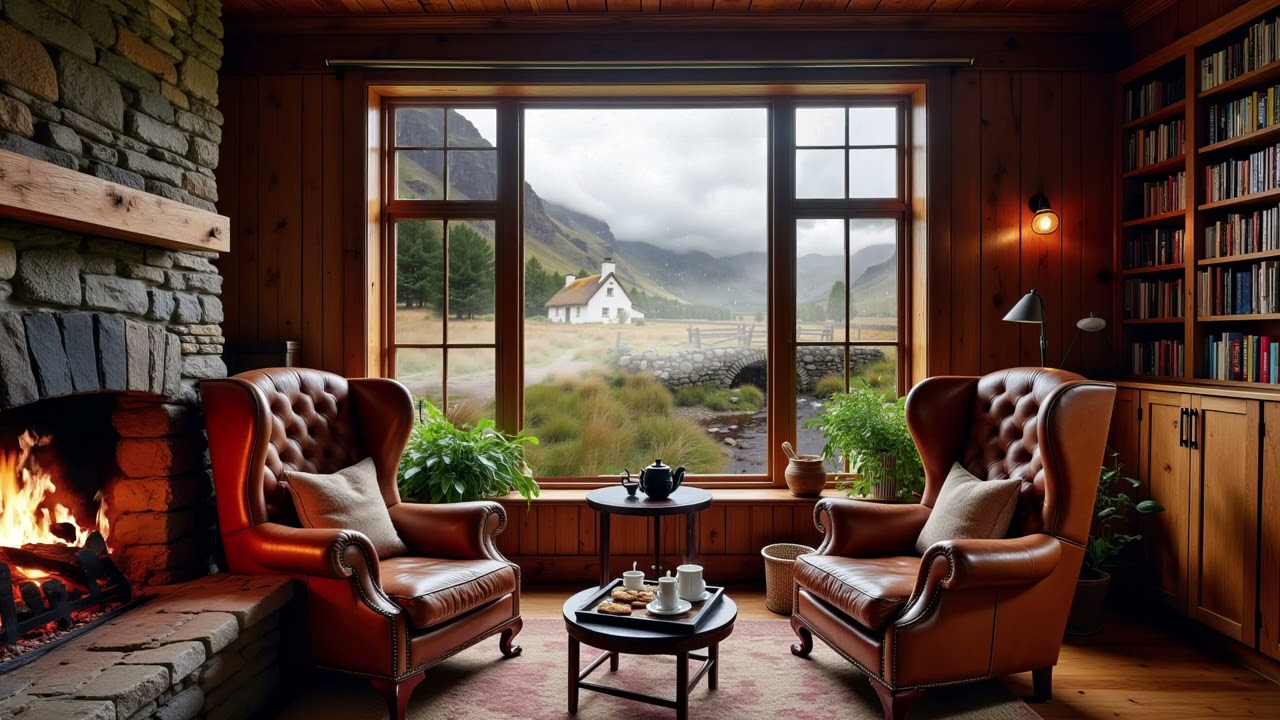 Scottish Highlands Library Ambience with Fireplace & Rain - AMBIENCE