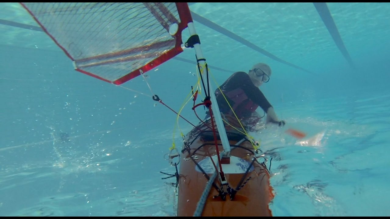 Flat Earth Kayak Sail - First Few Rolls (underwater pool shots)