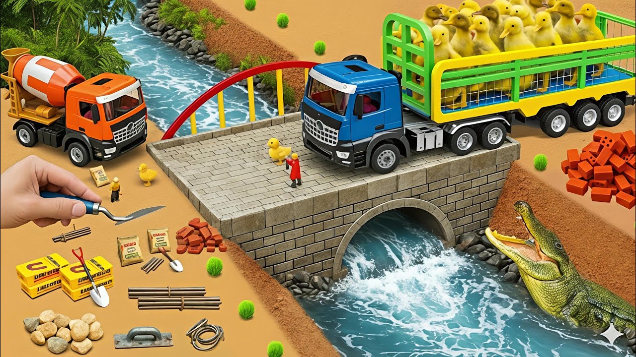 Crocodile Destroys Wooden Bridge  DIY Mini Tractor Builds a Strong Brick Bridge for Trucks