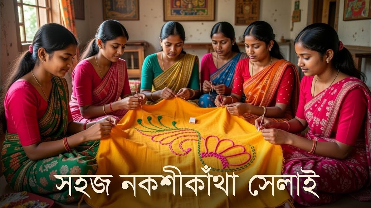 কুসুম কালার কাপড়ের উপর নকশীকাঁথা ডিজাইন সেলাই শিখুন | Nakshi Kantha Embroidery Tutorial