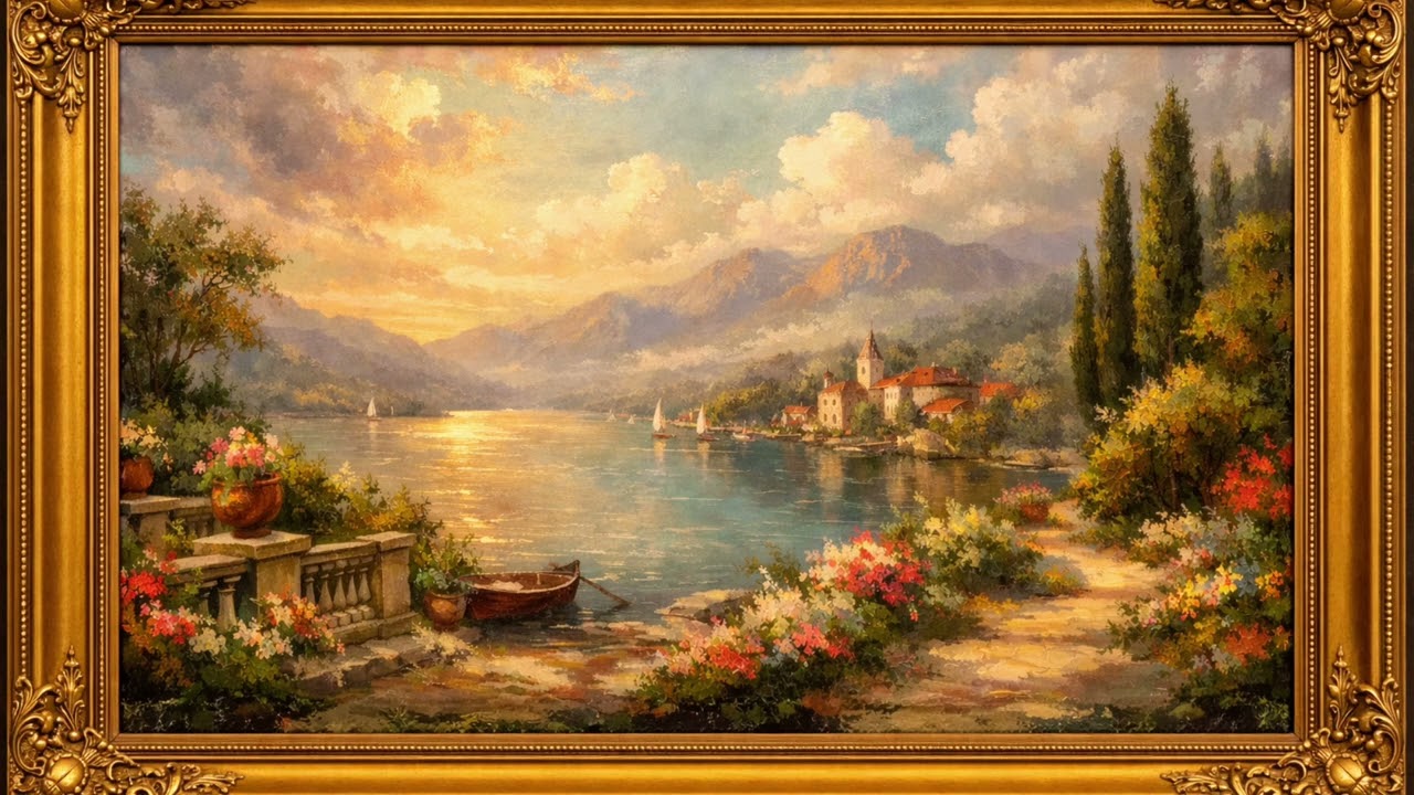 Golden Sunset Lake | Elegant Gold Frame Art for Your TV (4K Cozy Wall Art)