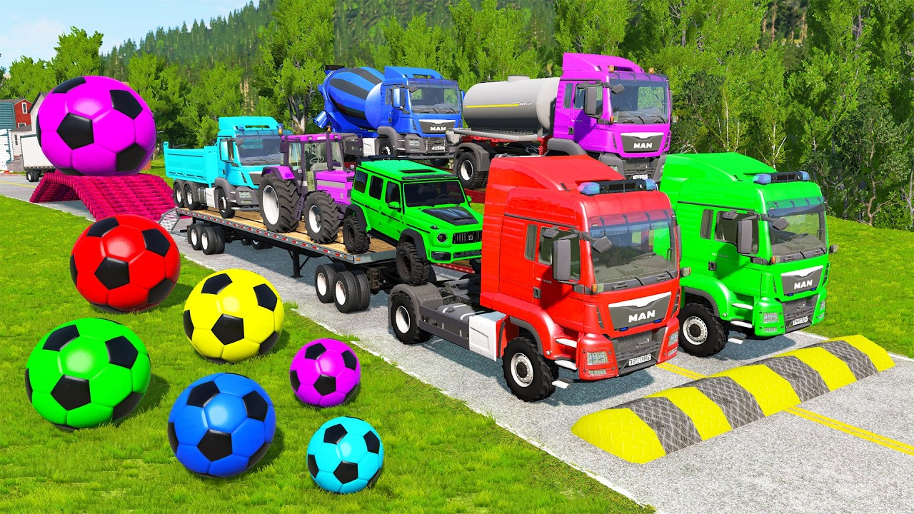 Flatbed Trailer McQueen Transportation with Truck - Speedbumps vs Cars vs Train - BeamNG.Drive #15
