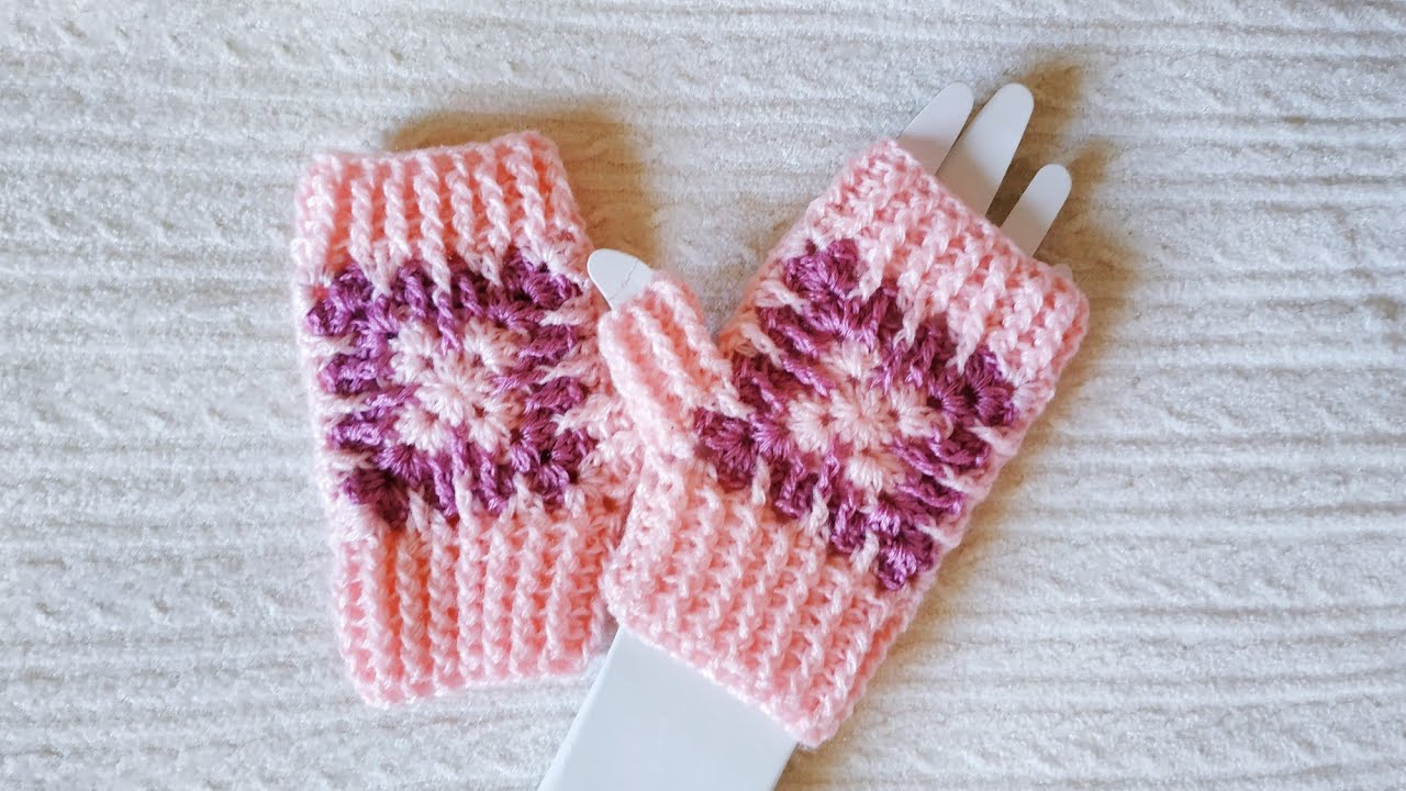 #قفازات كروشيه بدون أصابع بمربع الجراني/fingerless gloves
