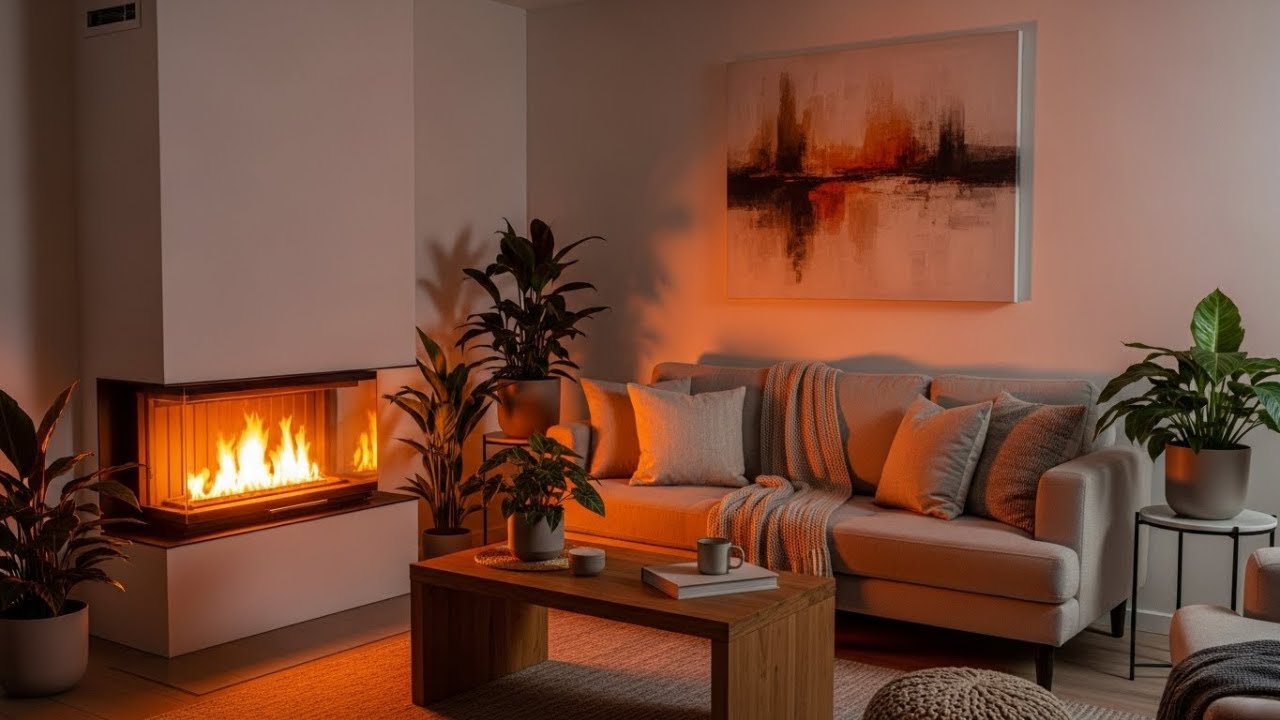 Cozy Aesthetic Living Room at Night • Warm Fireplace & Soft Rain Ambience 4K