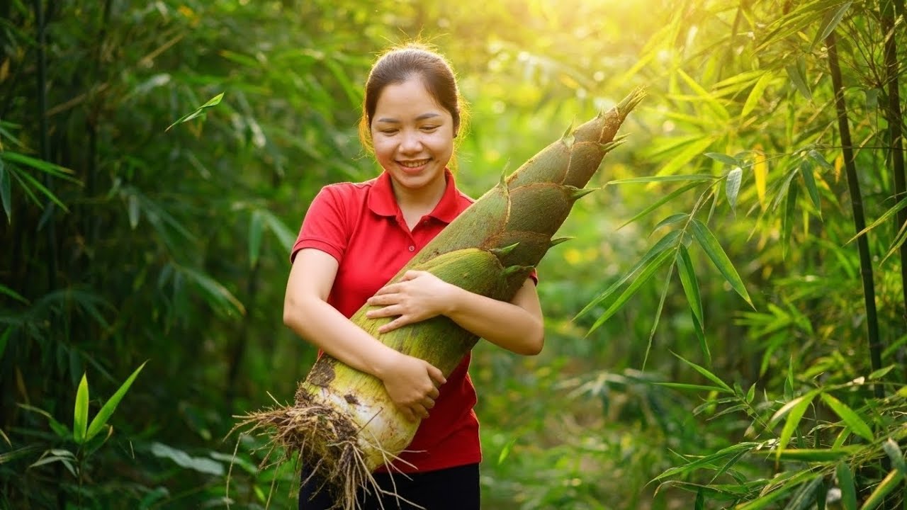 Hana Harvesting 1000kg of Bamboo Shoots – Incredible Village Farm Day | Hana Farm Bushcraft