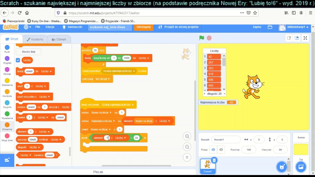 Scratch - klasa 6 - Skrypty umożliwiające wyszukanie najmniejszej i największej liczby w zbiorze