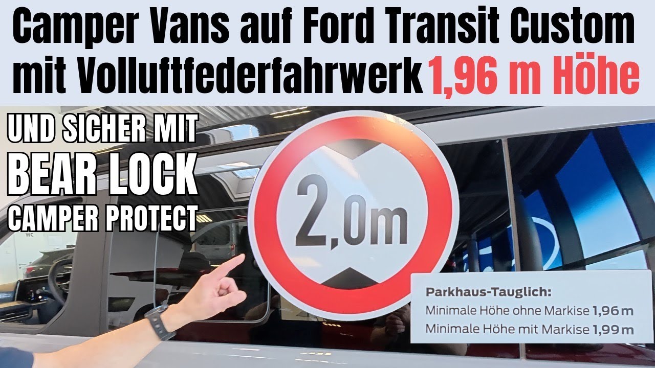 Ford Nugget mit Vollluftfederfahrwerk nur 1,96 m hoch | BearLock Camperschutz | Glasfenster im AD