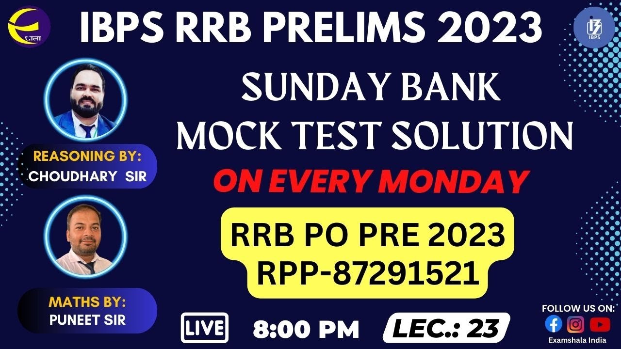 Sunday Mock Test || Solutions || RRB PO PRE 2023 ||  LEC. 23 || Examshala