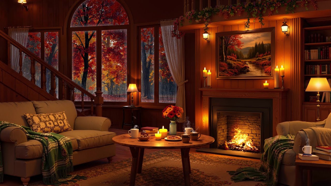Cozy Autumn Cabin by the Fireplace 🍁 Relaxing Jazz & Rain Sounds for Reading, Work and Study