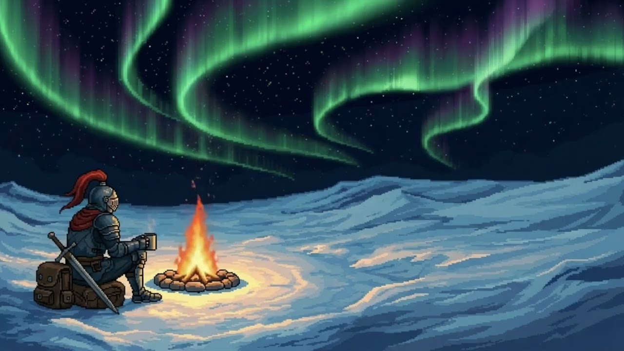Aurora Borealis in the Polar Tundra 🌌 with the resting Knight