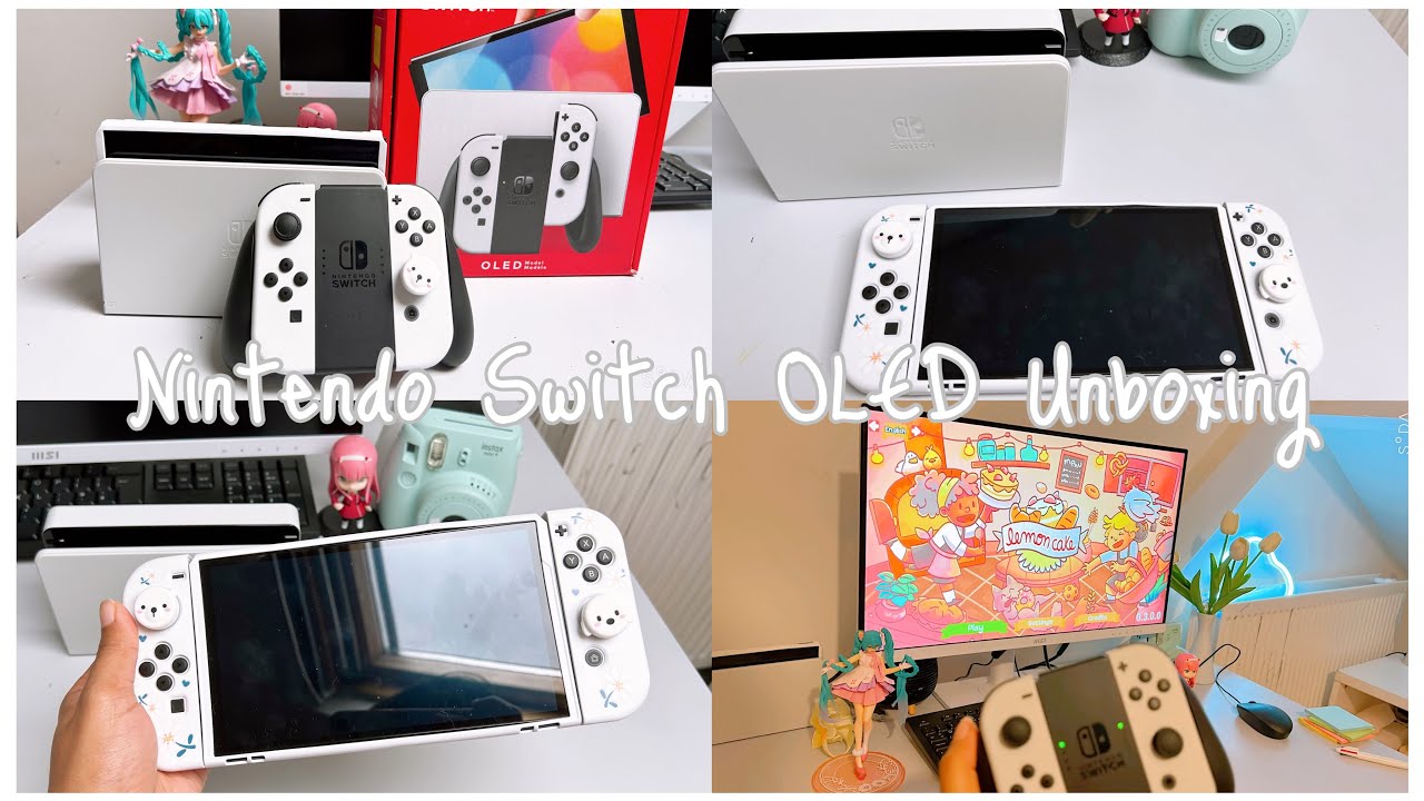 Nintendo switch OLED Unboxing 🌻 + accessories + first cozy game 💫