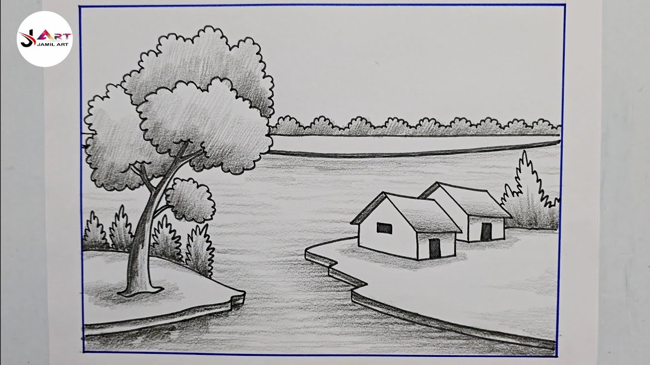 Beautiful scenery drawing with pencil shading / Pencil drawing easy 